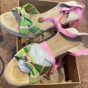 J. Crew Green & Pink Bow Espadrille Wedge Sandals vintage